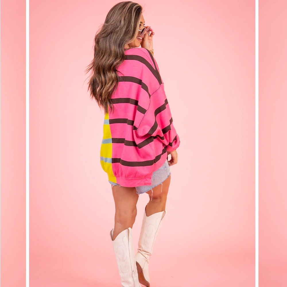 $128 Free People Colorblock Striped Crewneck Sweater - Hot Pink & Lemon - Picture 2 of 7